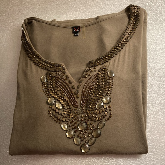 AVA Olive Green 3/4 Sleeve Embellished Top W/Brass/Copper/Smokey Beads - Sz M - Picture 3 of 11